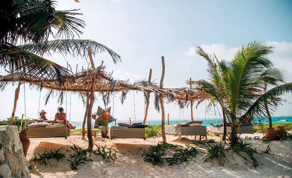 图卢姆Ikal Tulum Hotel的海滩上,有椅子和棕榈树,还有大海