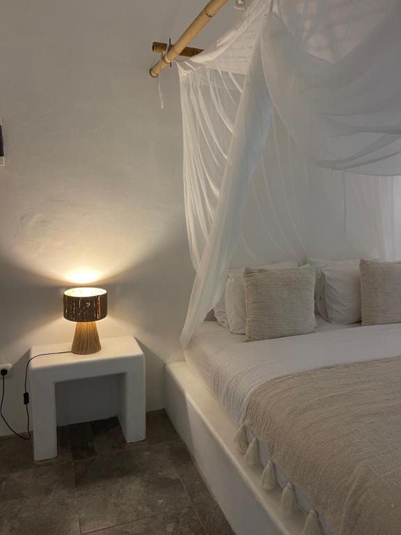 吉利阿尔Cabana的一张带白色天篷的床,一张带台灯的桌子