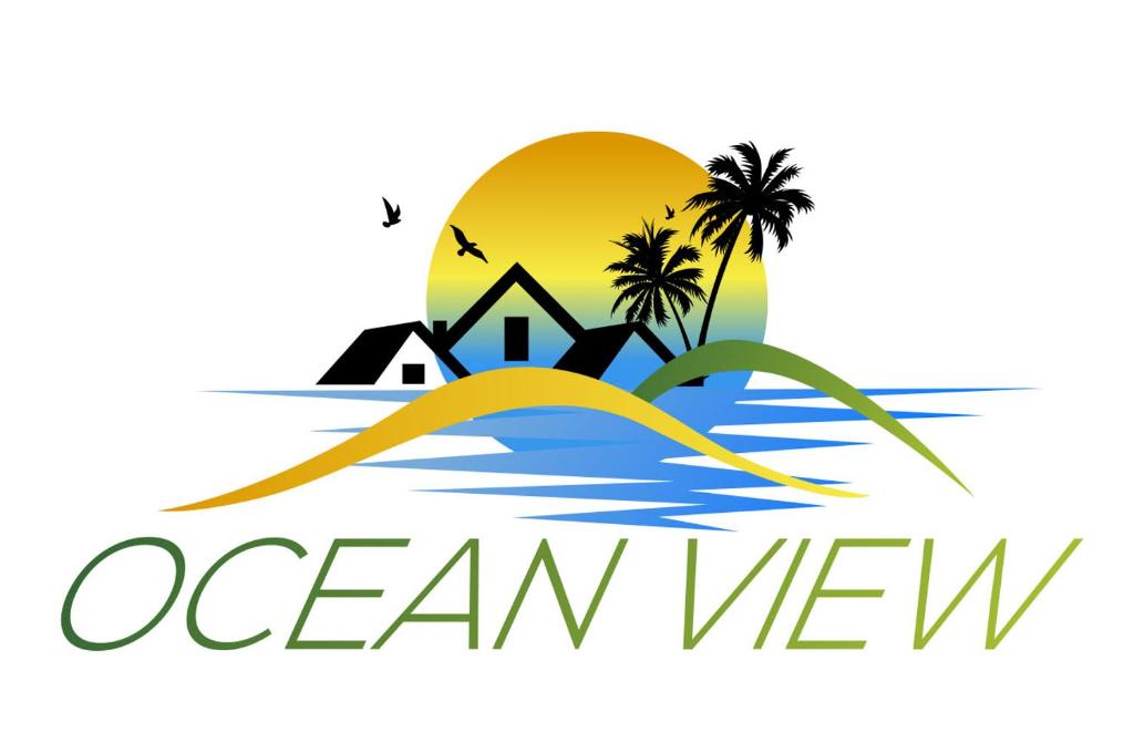 圣多美Ocean View Guesthouse的海洋中一个拥有房子和棕榈树的度假胜地的标志