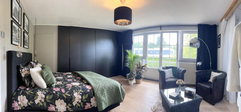 拉纳肯Bed & Bokes aan de Maaskant的卧室拥有蓝色的墙壁,配有一张床和椅子