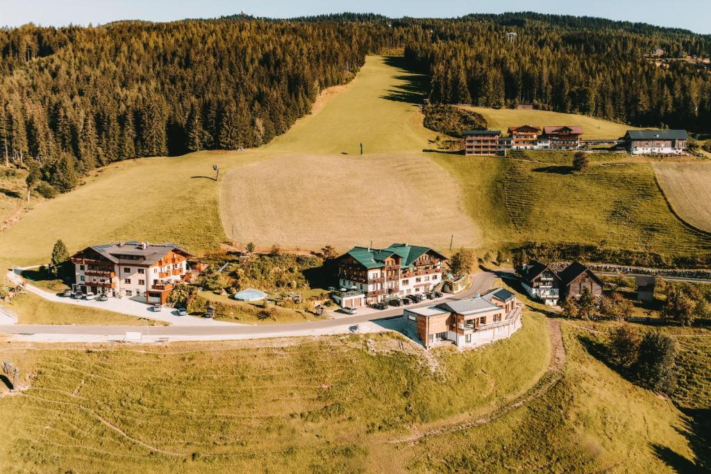 斯拉德明Posers Bergwelt的山丘上房屋的空中景致