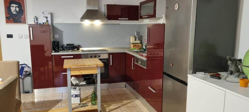 斯洛文尼亚格拉代茨Hiša pri Bici的一间带红色橱柜和冰箱的小厨房