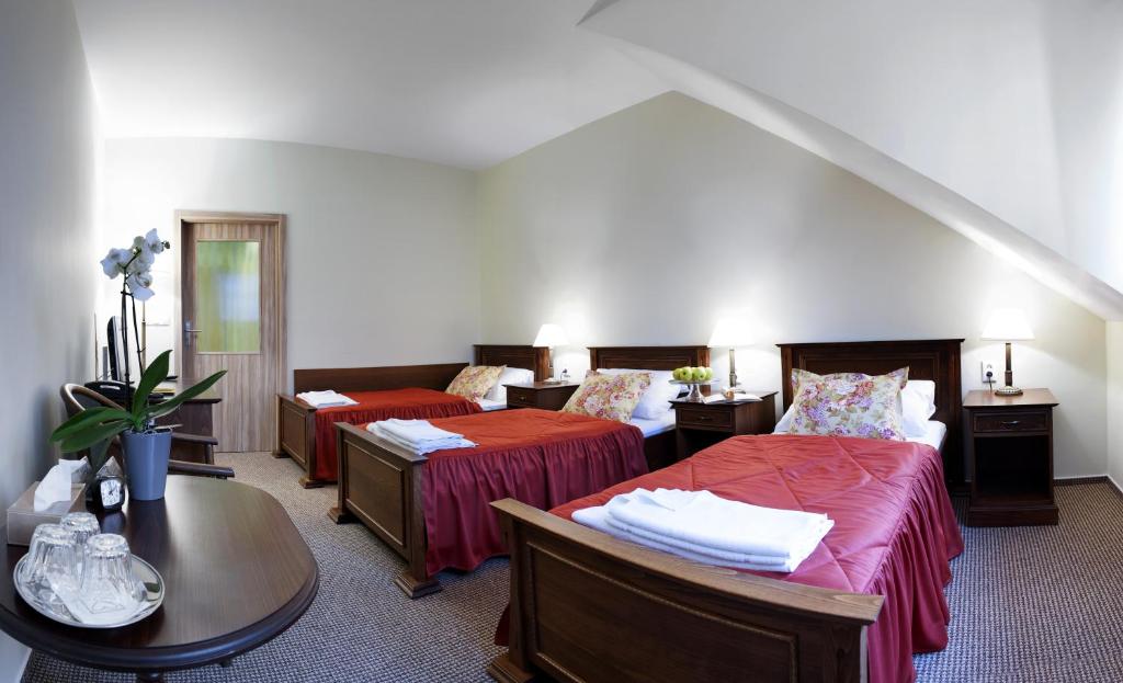 大梅济日奇Hotel Pod Zamkem的酒店客房设有两张床和一张桌子。