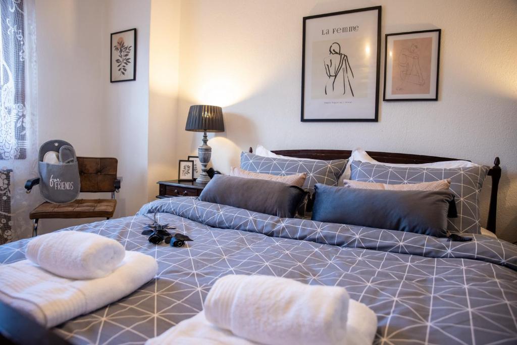 Villa Pallas的一间卧室配有两张带枕头的床。