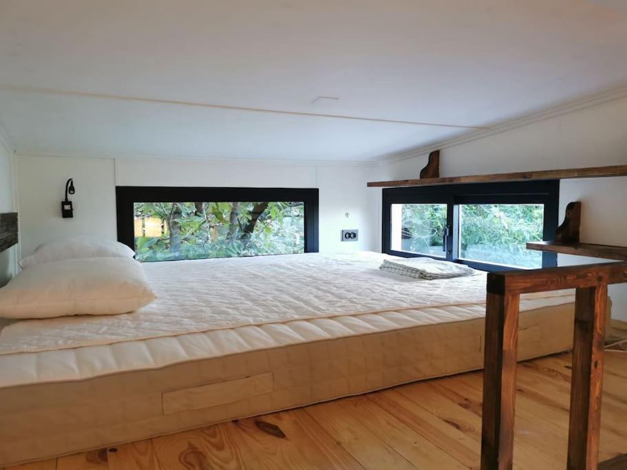 KaramusalTiny House in Garden with Sea View的一张大床,位于带大窗户的房间里