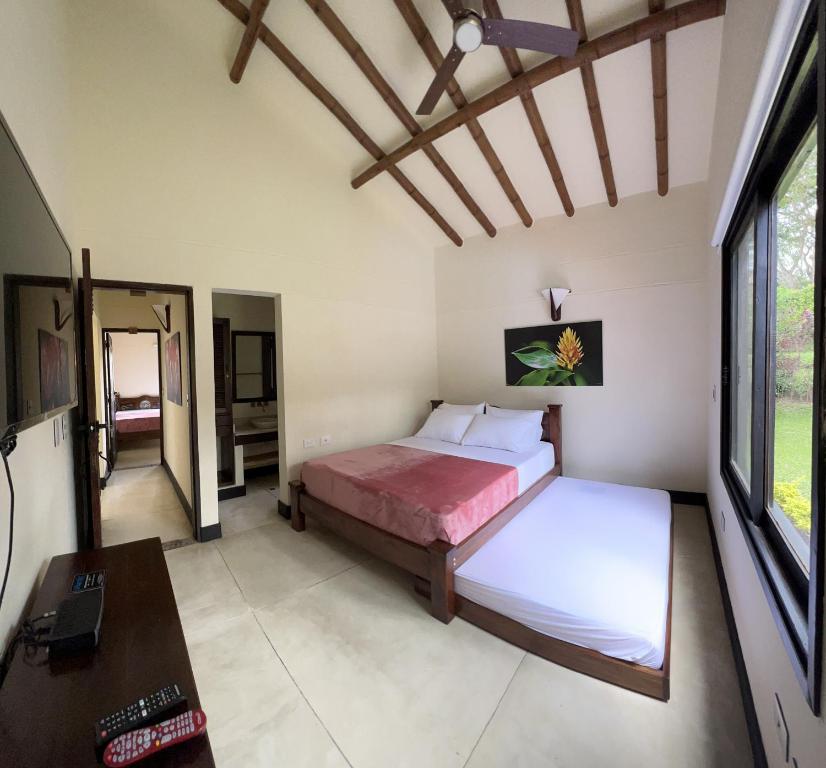 金巴亚Fincas Panaca Villa Portal 9的一间卧室配有一张床、一张书桌和一个窗户。