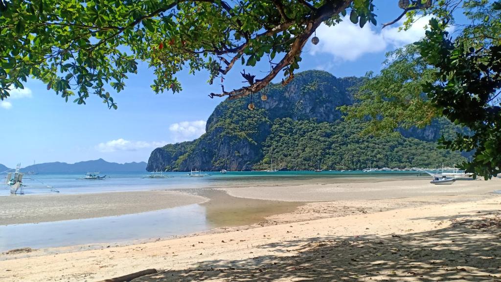 爱妮岛Telesfora Beach Cottage的享有海滩美景,背景为山脉