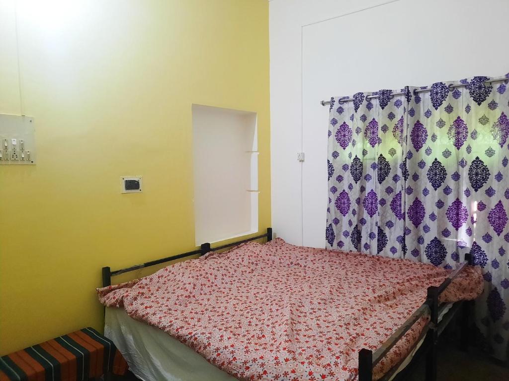 加尔各答Dden Vennell 2-homestay close to Metro的一间卧室配有一张带窗户和窗帘的床