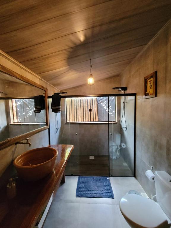 戈亚斯州上帕莱索Casa Lobo-guará的浴室配有卫生间、盥洗盆和淋浴。