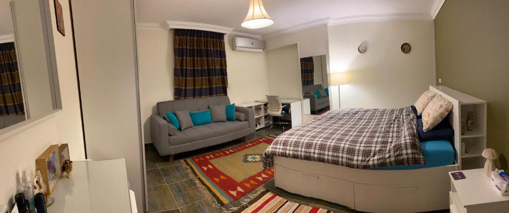 开罗Cozy in Giza 2 bedroom apartment的客厅配有床和沙发