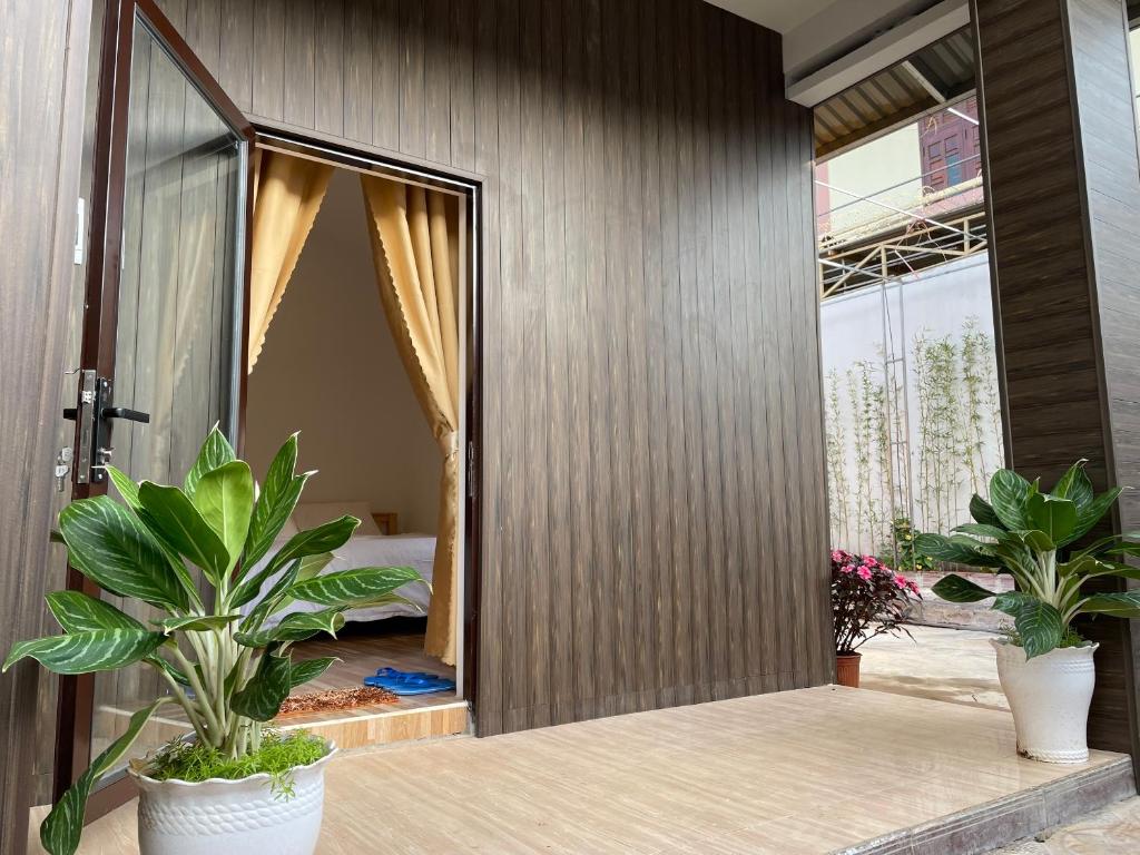 波来古市Pleiku Homestay的一间种植了两盆植物的房间和一间卧室