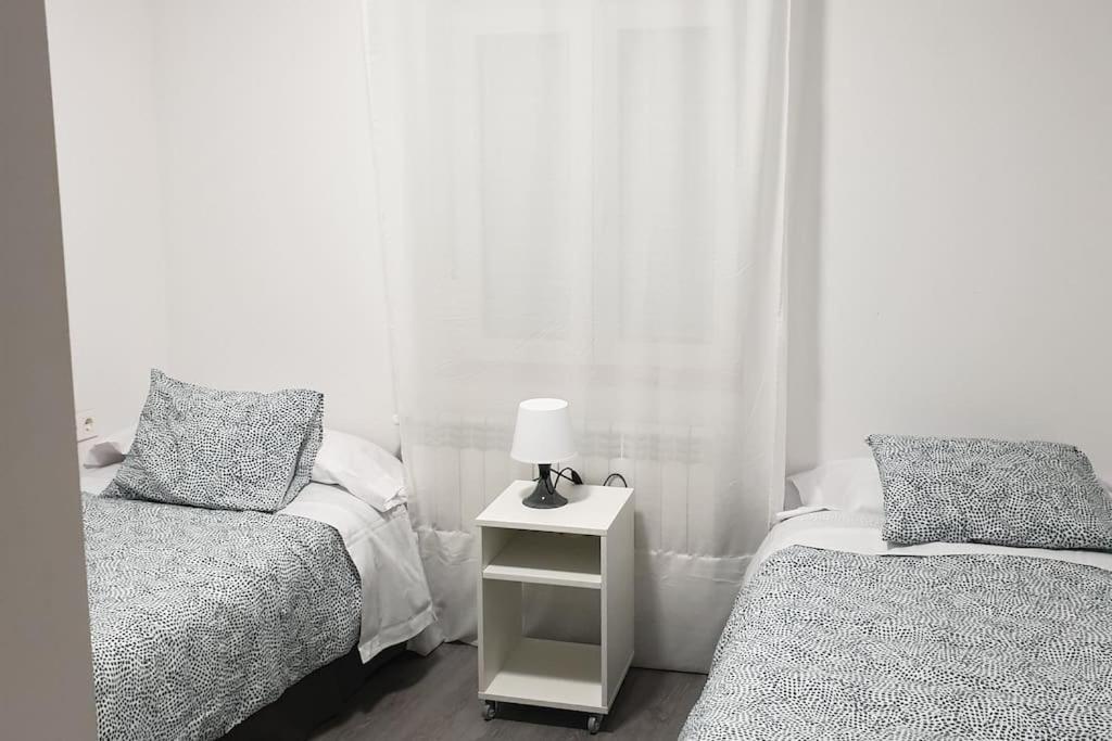 洛格罗尼奥Logroño Centro Home的一间卧室配有两张床和床头灯。