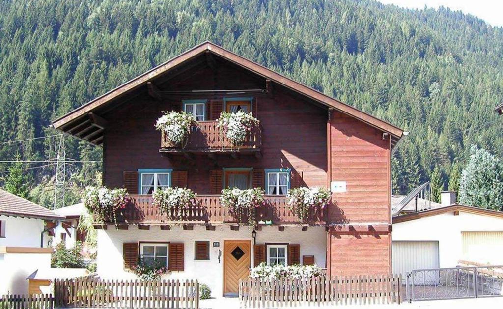 弗利尔施Arlberghaus Rocks的阳台上种植了盆栽植物的房子