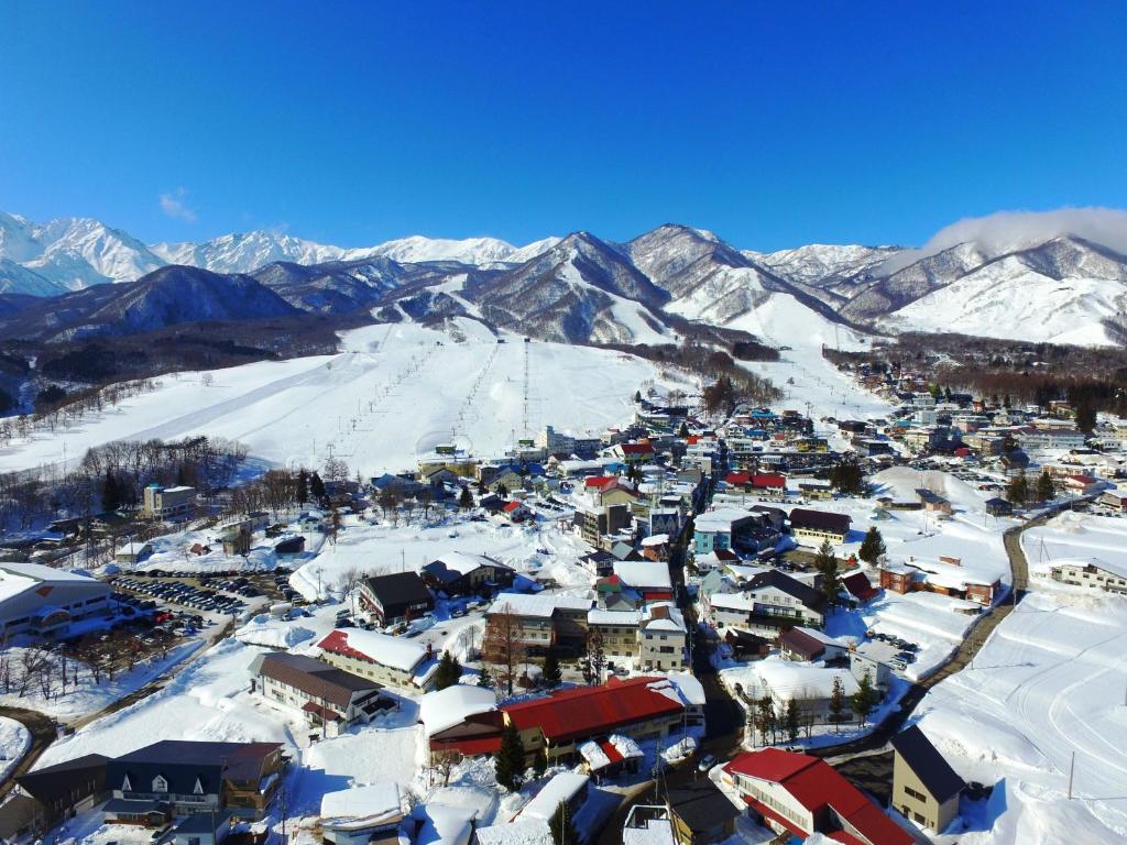 小谷村梅里贝勒栂池酒店的一座被雪覆盖的小镇,以群山为背景