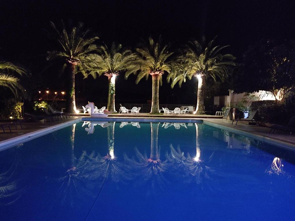 维琪奥港Camping Arutoli的一座在晚上种植棕榈树的大型游泳池