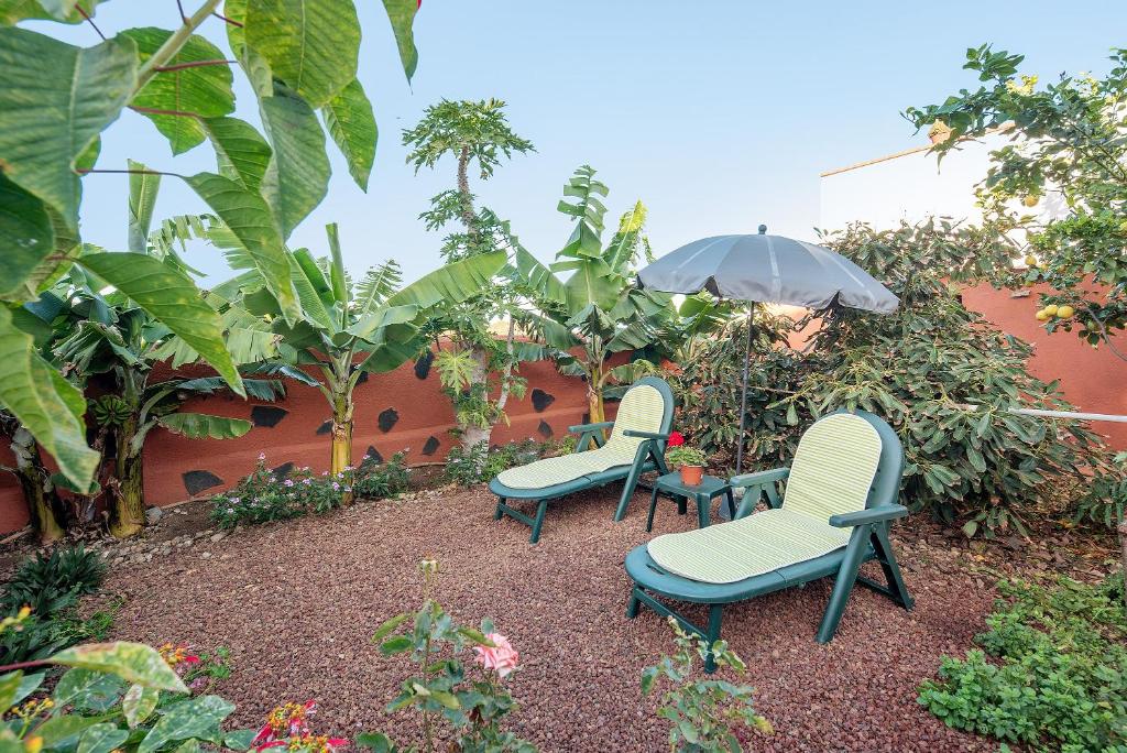 La GuanchaCasa Teresa的花园内摆放了两把椅子和一把遮阳伞
