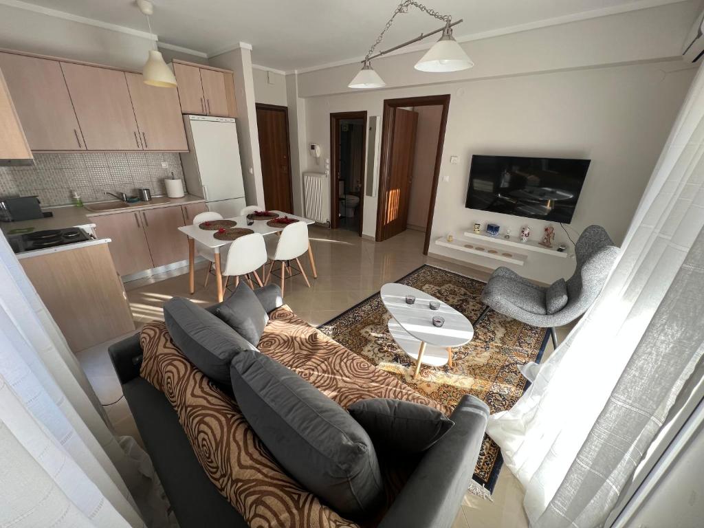 塞萨洛尼基SilverLine Comfort Apartment的带沙发和桌子的客厅以及厨房。