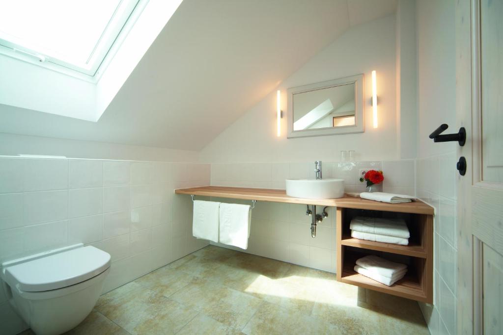 慕尼黑纽维特安特弗瑞宾馆的一间带卫生间、水槽和镜子的浴室