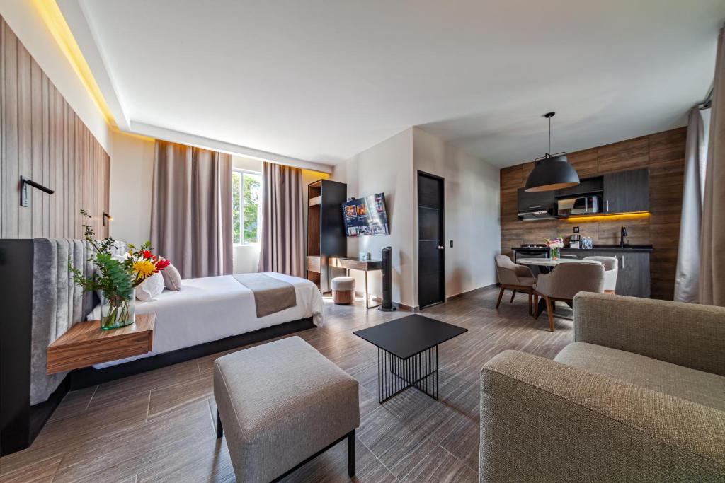 墨西哥城Casa Nou的酒店客房设有床和客厅。