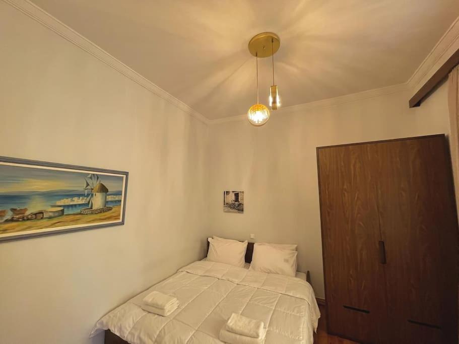 比雷埃夫斯Maisonette Lucia Traditional House Prime Location的卧室配有一张床,墙上挂有绘画作品