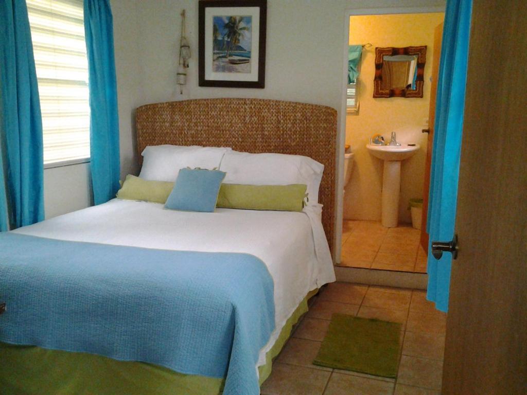 别克斯Casa de Tortuga Guesthouse的一间带大床的卧室和一间浴室