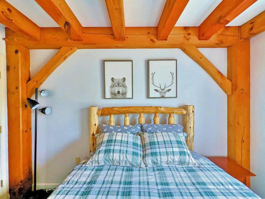 贝塞尔Newly Renovated & Furnished Condo, Only 3 min to Sunday River!的一间卧室配有一张带 ⁇ 子毯子的床