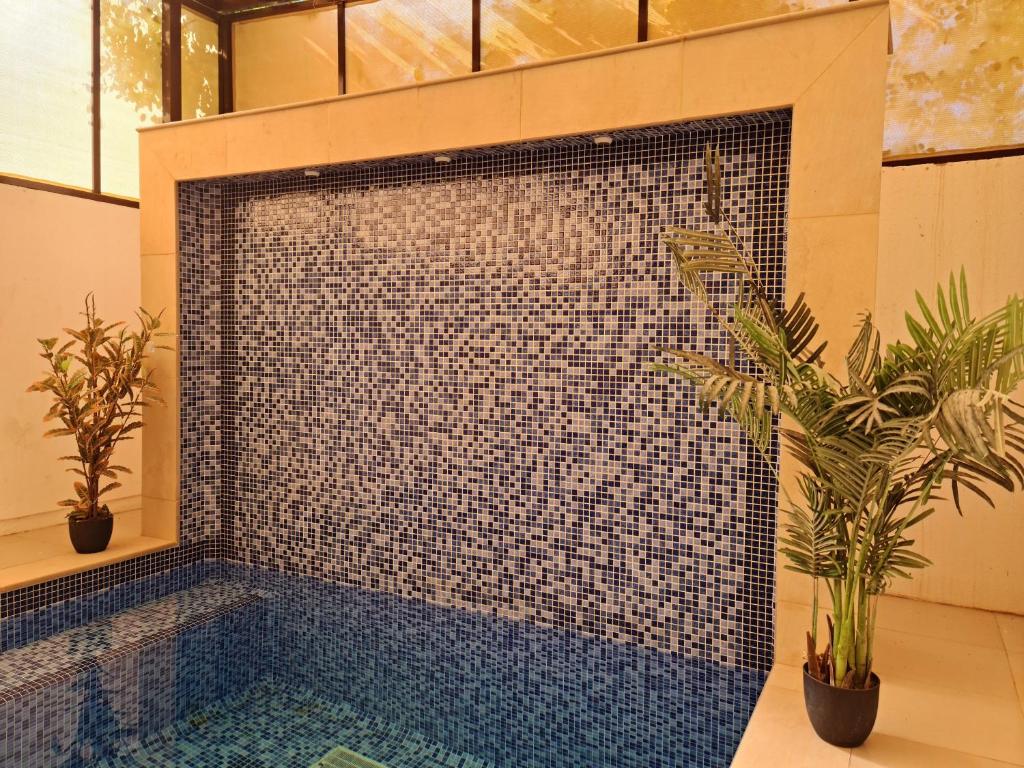 锡卜Amazing Villa in Muscat的大型蓝色瓷砖淋浴间,有两盆植物
