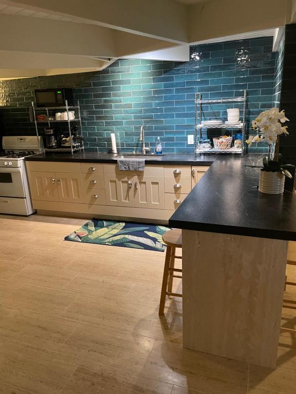 霍卢阿洛阿Hawaii Private Studio的厨房配有黑色柜台和蓝色瓷砖