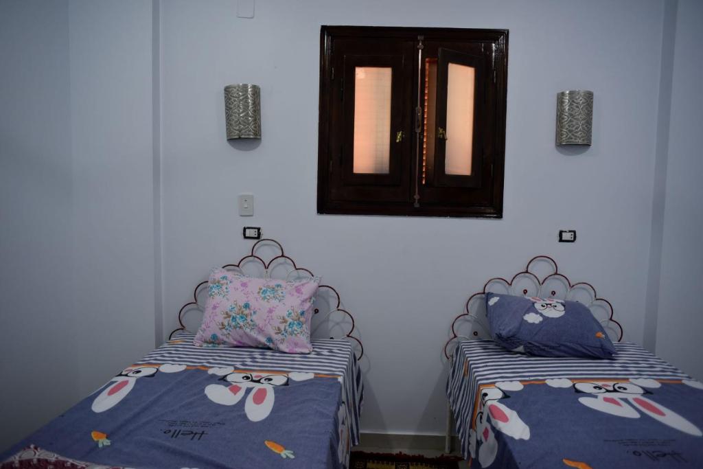 阿斯旺Nubian Queen Guest House的卧室内的两张床和Hello牌枕头