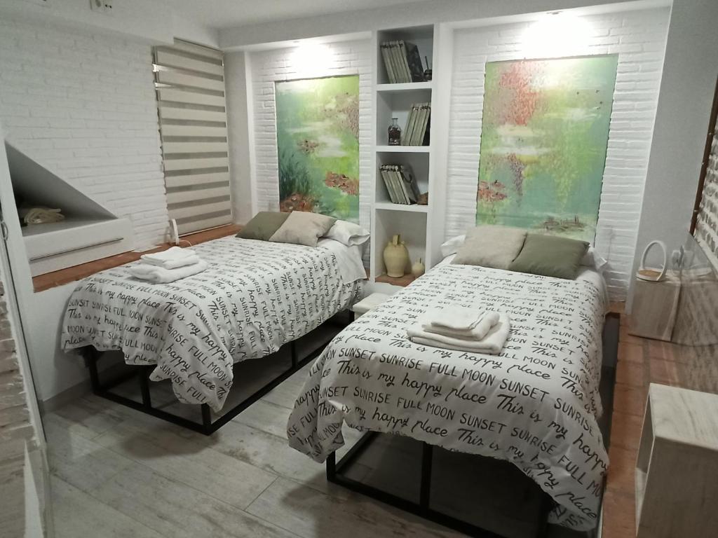 科尔多瓦Martina´s home的一间卧室设有两张床和书架