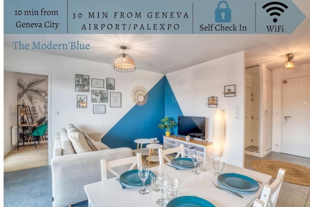 安纳马斯Modern'Blue - Gare Annemasse à 3min-Genève accès direct的客厅配有白色桌子和沙发