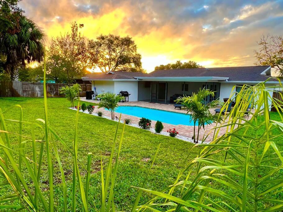 帕姆港Heated Pool •honeymoon island• fireplace的庭院中带游泳池的房子