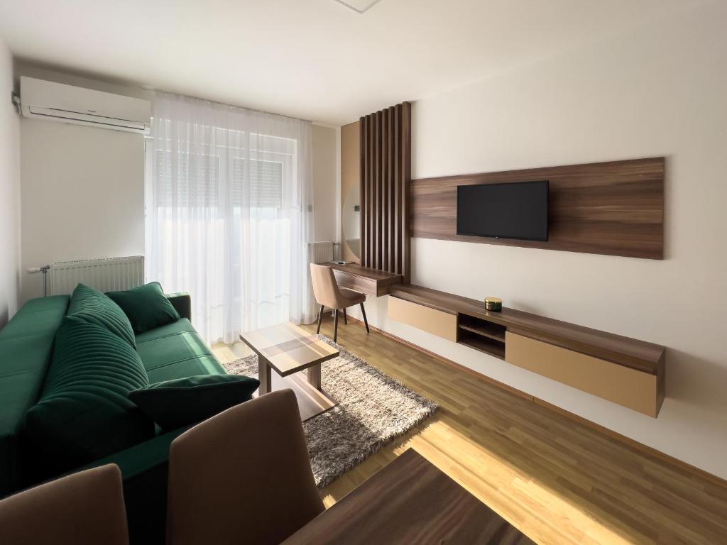 尼什Hany Sweet的客厅配有绿色沙发和平面电视