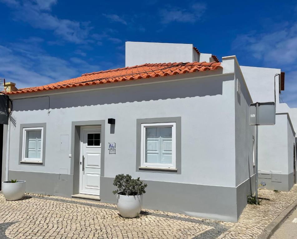 萨格里什Casa Sagres T2 - 3 minutos a pé Praia da Mareta的两株植物的白色房子