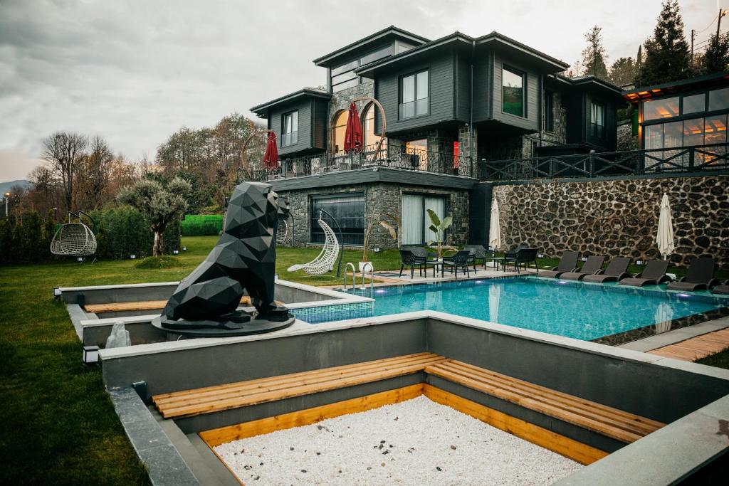 艾德亚耶拉西Çathan Art Hotel的一座带游泳池的房子,前面有一座雕像