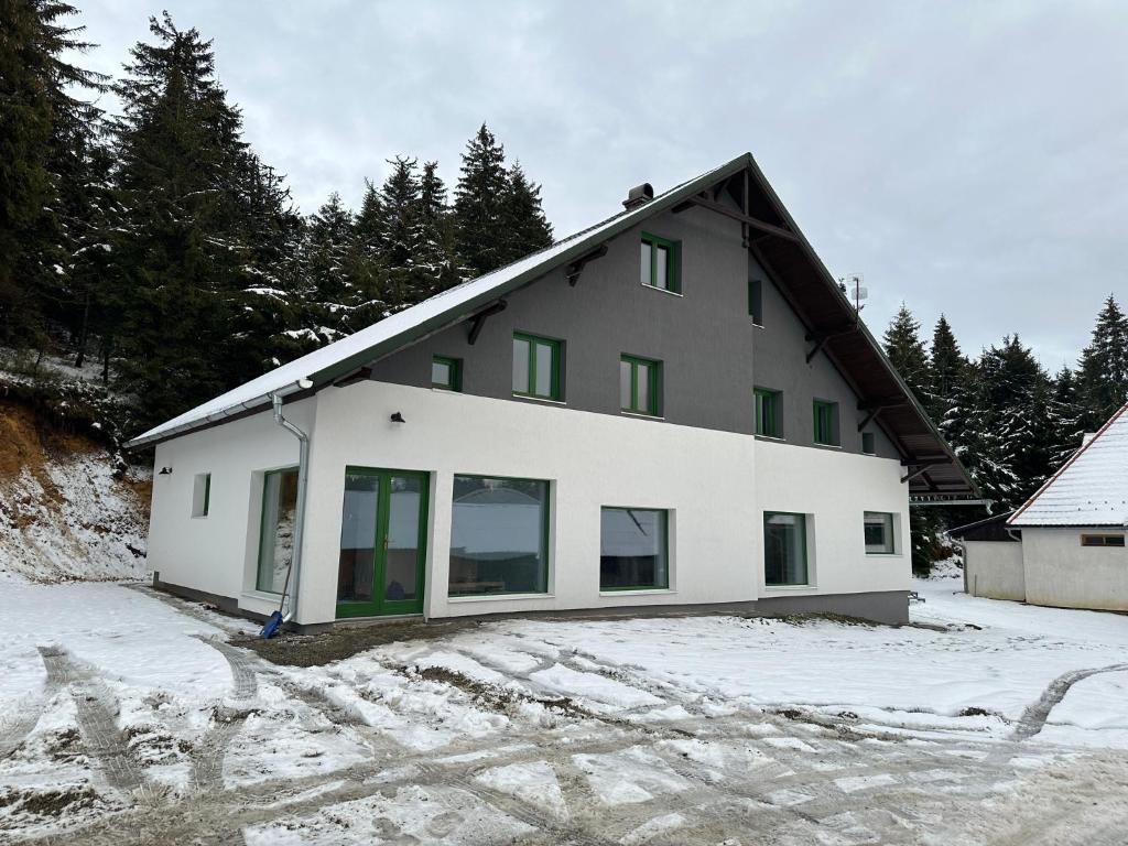 CăpîlniţaMadarasi Sportbázis的雪上设有绿色窗户的白色房子