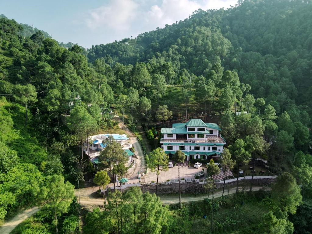卡绍利Pineland Resorts & Chalets Kasauli的森林中房屋的空中景观