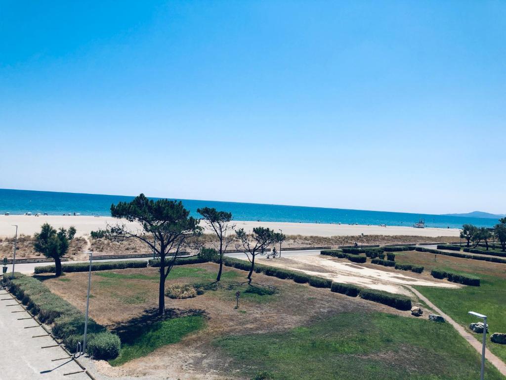 圣西普里安Sur la plage, vue sur mer, spacieux T3 au calme的享有树木繁茂的海滩和大海的景致。