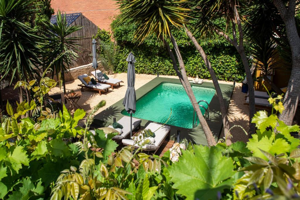 哈隆Casa Con Destino-Adults Only的享有带遮阳伞和棕榈树的游泳池的顶部景致