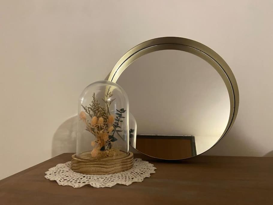 泰尔米尼洛Terminillo: appartamento ristrutturato的玻璃圆顶,玻璃圆顶,玻璃花瓶在镜子前