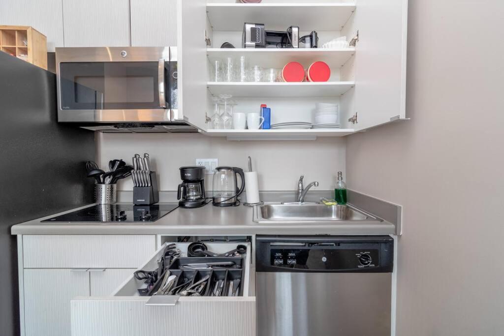 芝加哥Modern 2BR in South Loop Near Soldier Field, Grant Park, Downtown, &amp; Lakefront Trail的带水槽和炉灶的小厨房