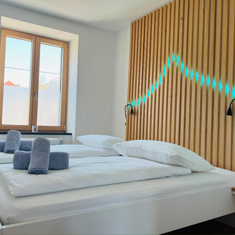 博维茨Emerald Valley Apartments的一间设有三张床的客房,墙上有线图