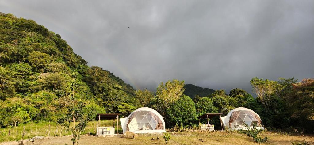 蒙泰韦尔德哥斯达黎加Domo Glamping Monteverde的山前田野上的两个圆顶
