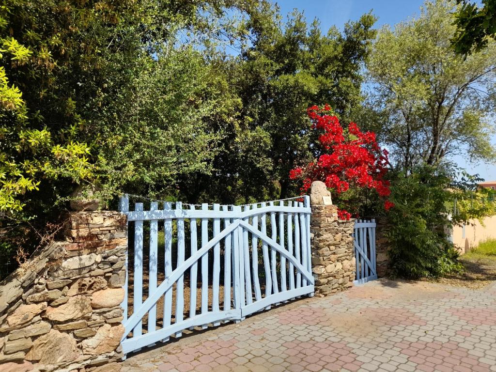 圣特奥多罗ViaGramsci129的白色的大门,有石墙和红色的鲜花