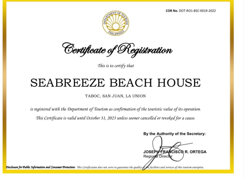 圣胡安海风海滨之家和度假小屋的海蜂海滩房屋注册证书