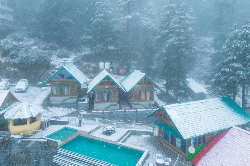 Khajjiar Wolfandwoods的雪中带游泳池的房子