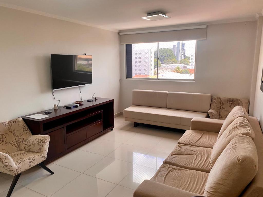 戈亚尼亚Apartamento perfeito, bem localizado, confortável, espaçoso e com bom preço insta thiagojacomo的带沙发和平面电视的客厅