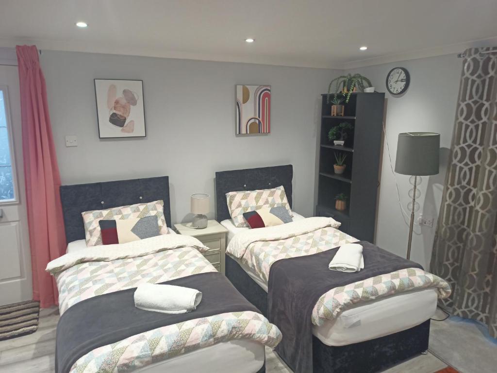纽波特Brand New Cosy Apartment 3 Sleep, Garden access Free Wi-Fi & Parking的一间卧室配有两张单人床和一盏灯。