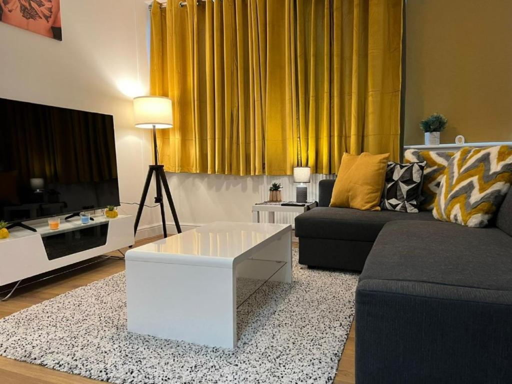 巴尔金Modern and Stylish 1bed flat的带沙发和咖啡桌的客厅
