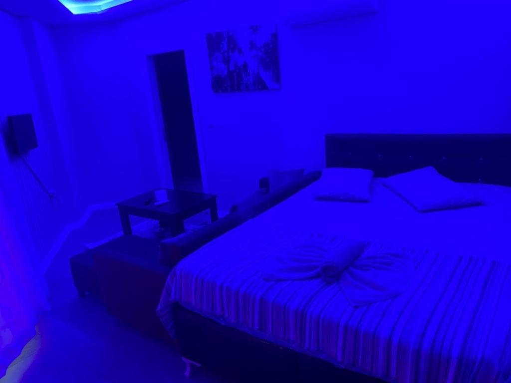 Çiftlikköyİmperyum park vilları的蓝色客房中一间带床的卧室